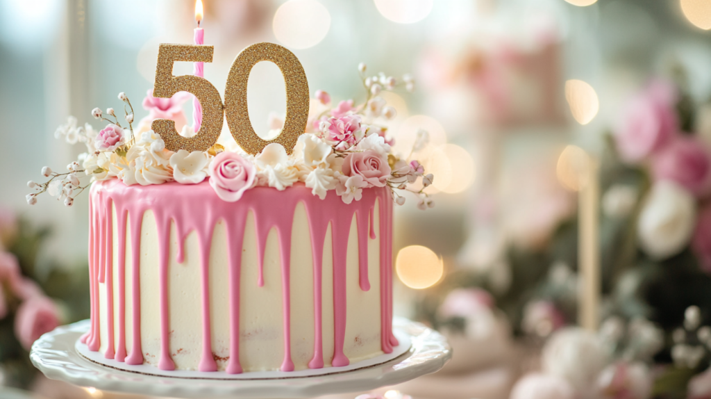 A Pink Drip Cake with White and Pink Flowers, Topped with A Golden '50' Candle for A 50th Birthday Celebration