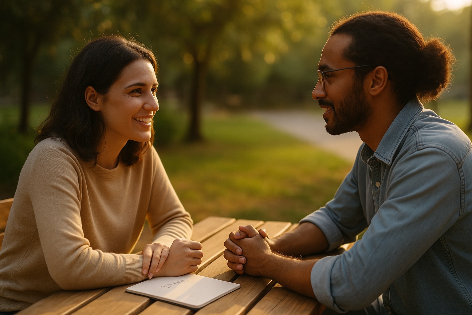 Two people having a calm conversation, representing harmony and life path number 2