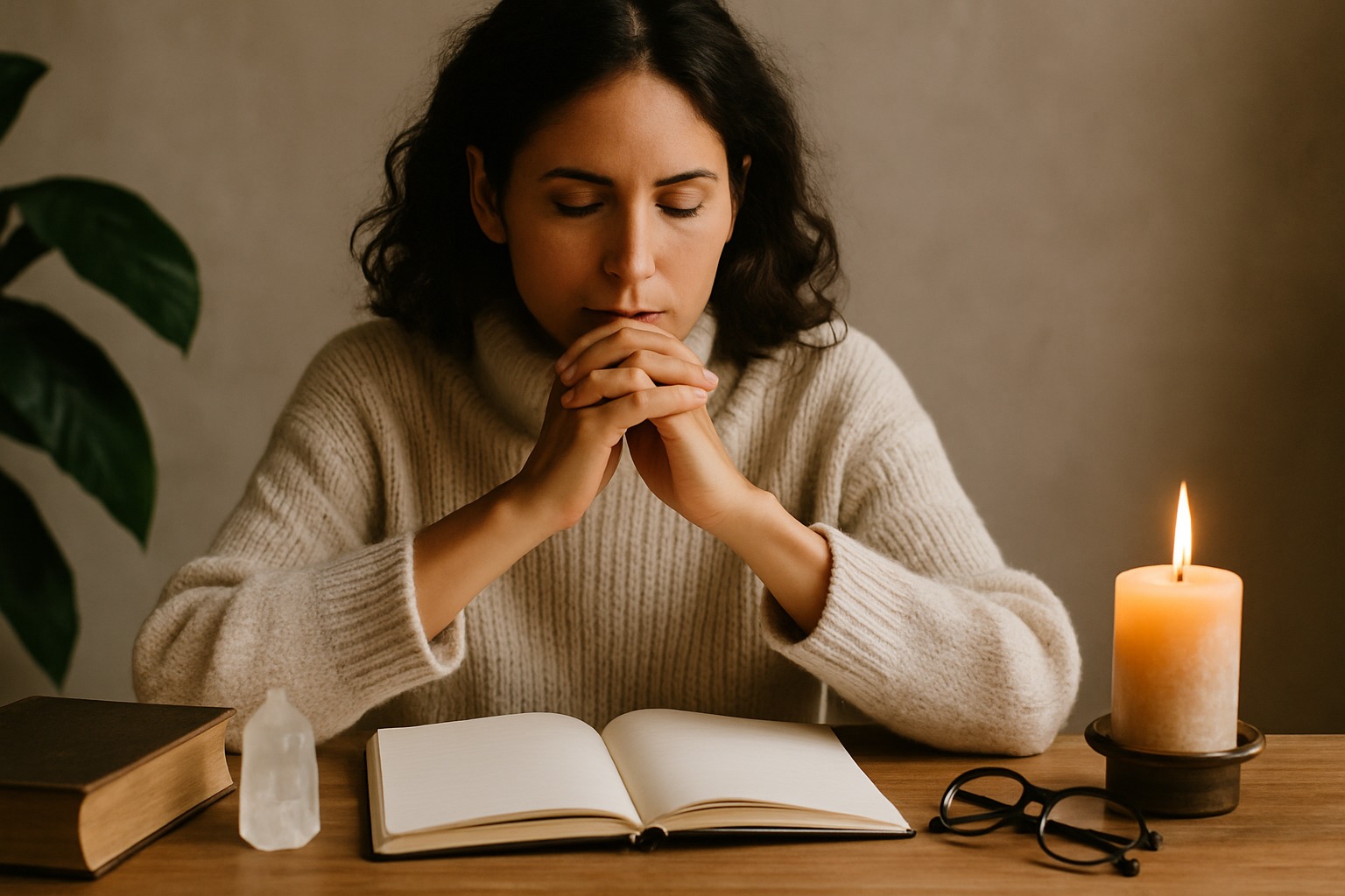 Woman sitting alone with a notebook, reflecting quietly in natural light.