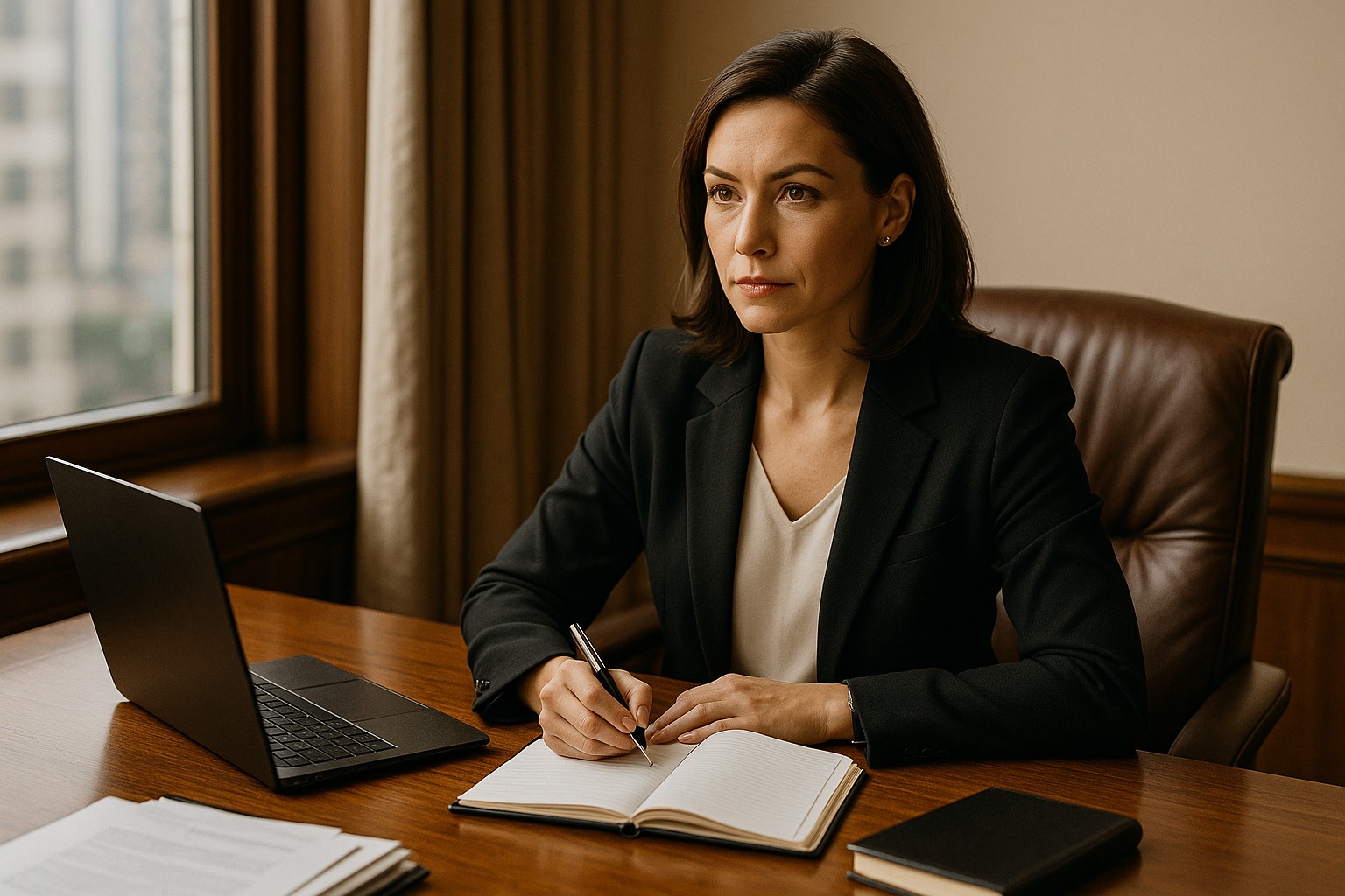Confident businesswoman sitting at a desk with focus and determination.