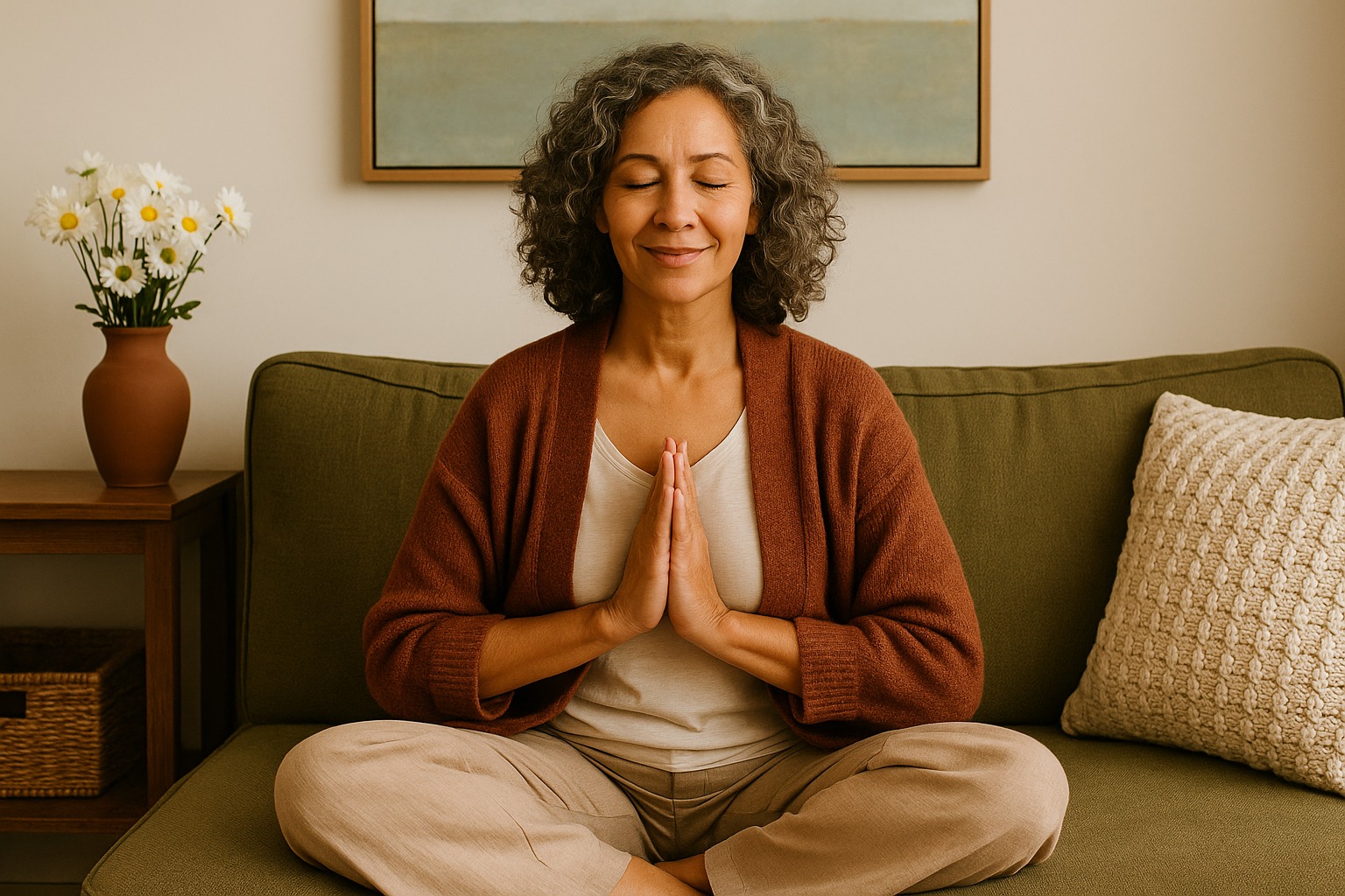 Middle-aged woman meditating peacefully with hands in prayer pose on a couch.