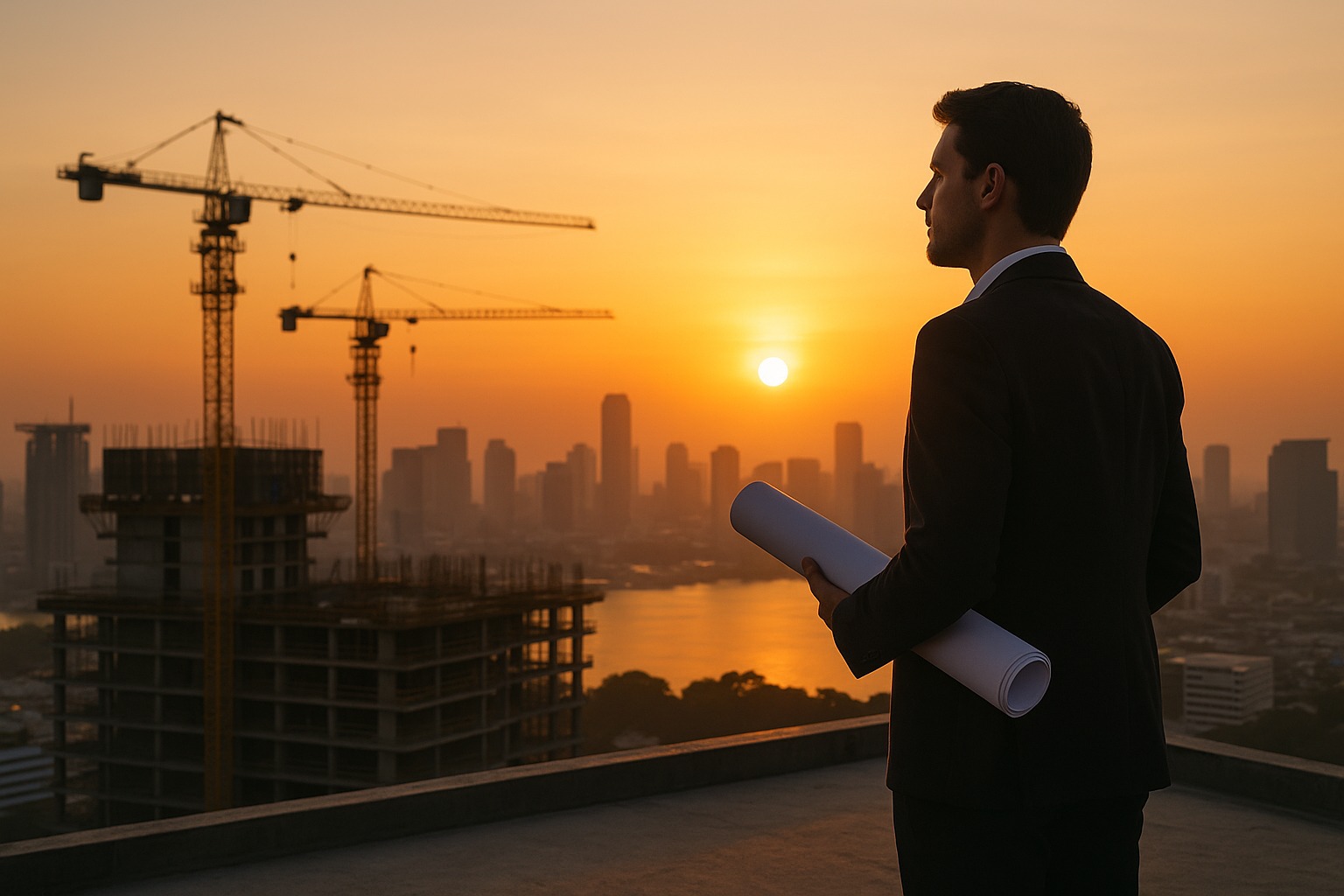Architect with blueprints overlooking a city skyline at sunrise on a construction site