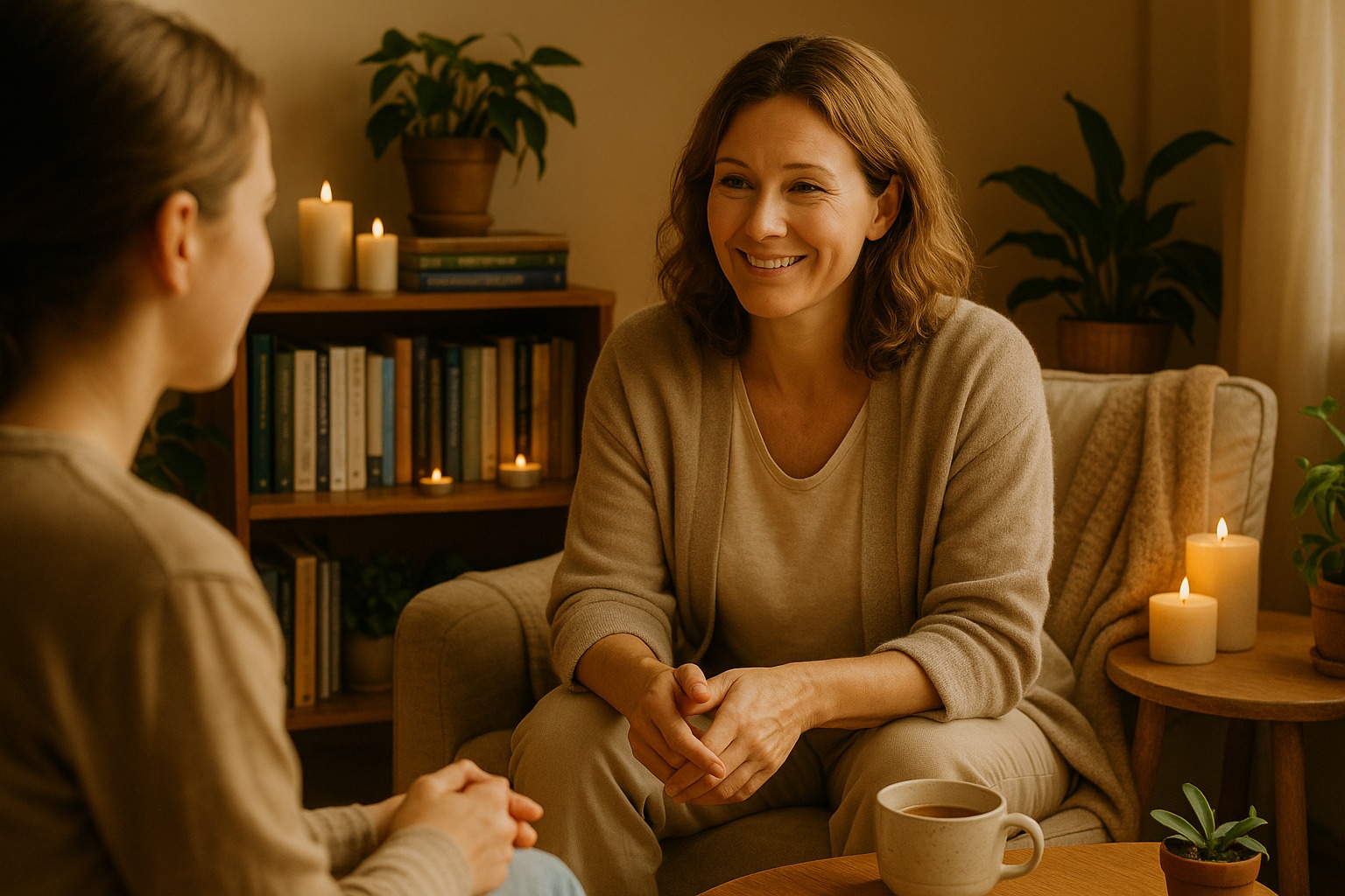 A compassionate woman gently supporting someone in a calm, healing space, symbolizing Life Path Number 33.