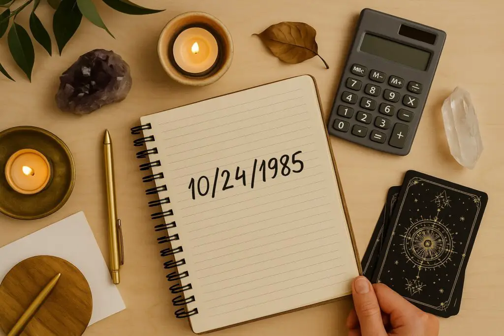 Notebook with birth date, calculator, candle, and crystal on desk - calculating life path number.