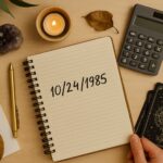 Notebook with birth date, calculator, candle, and crystal on desk - calculating life path number.