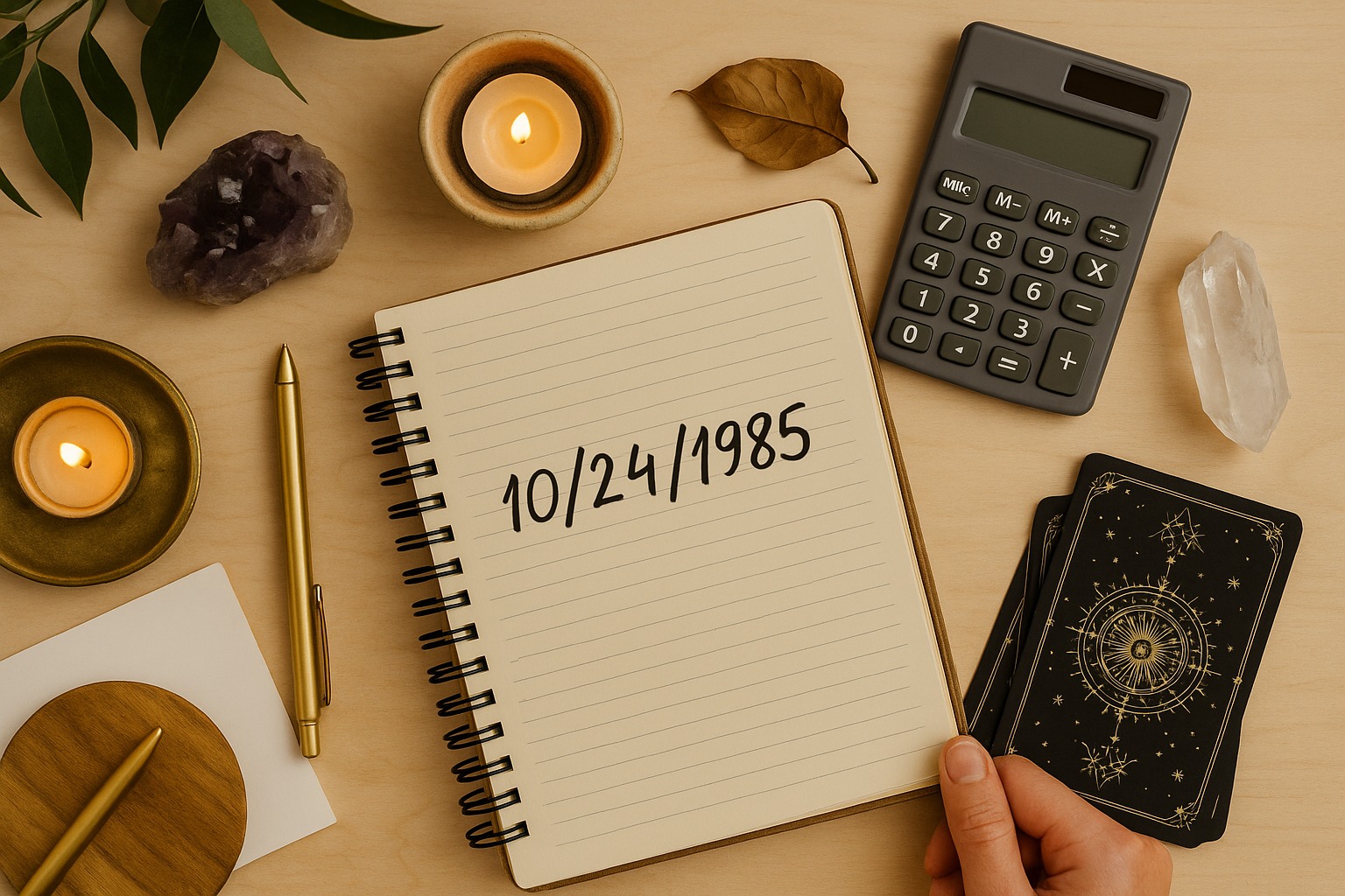 Notebook with birth date, calculator, candle, and crystal on desk - calculating life path number.