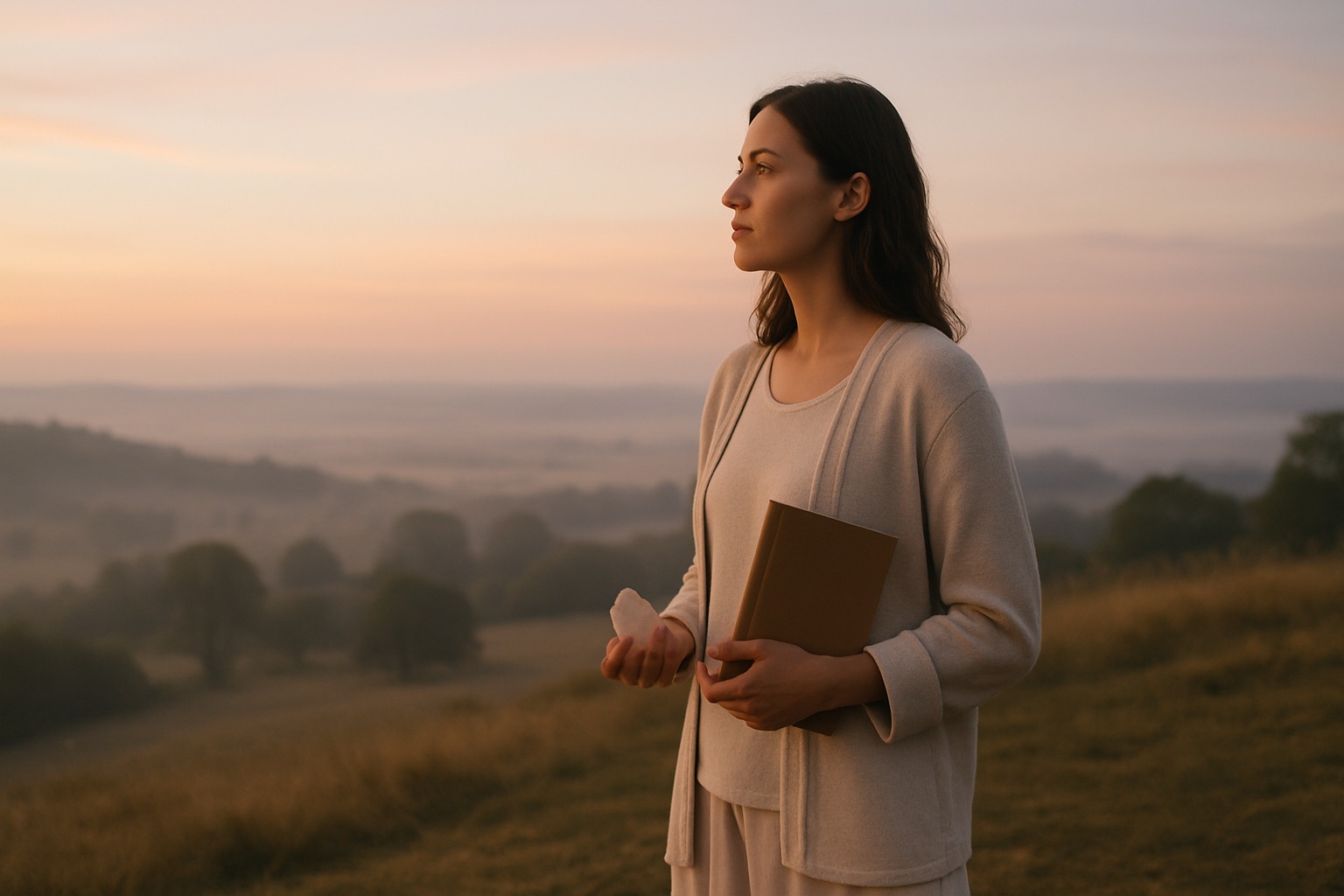 Light-skinned woman standing on a hilltop at sunrise, reflecting the essence of Life Path Number 11